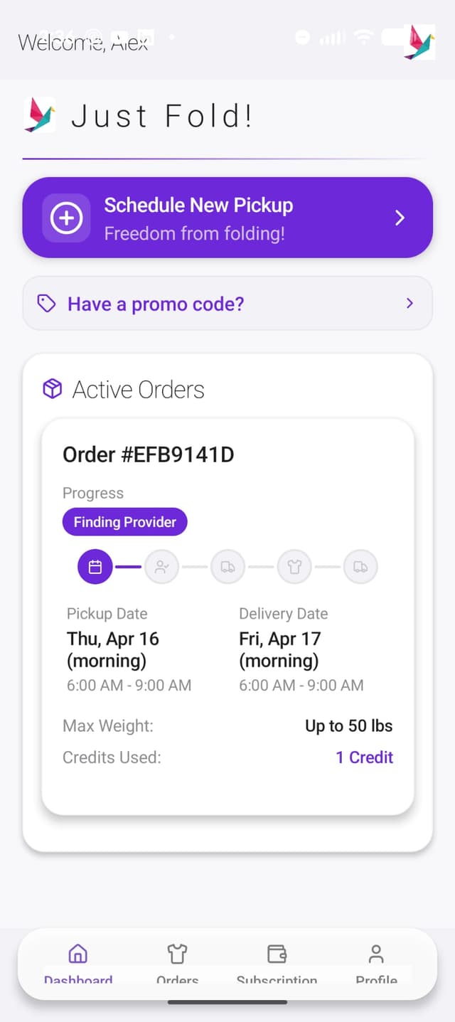 JustFold app — active order